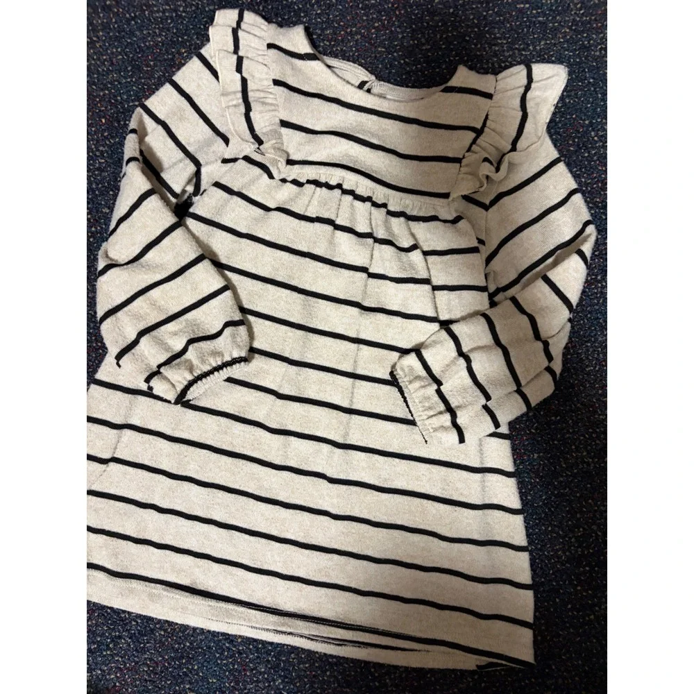 Zara Kids Striped Ruffle Shoulder Long Sleeve Dress Beige Black Size 3-4 Years